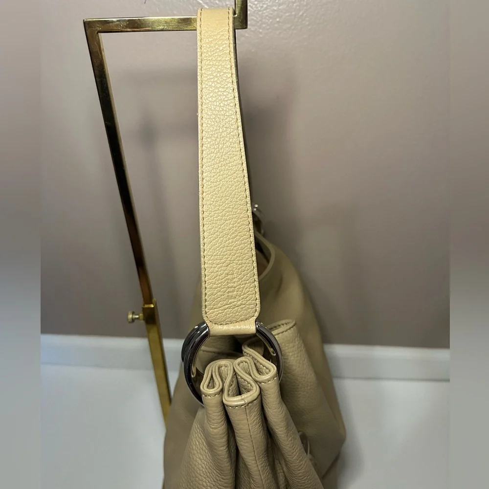 Furla Light Taupe Pebbled Leather Hobo Shoulder Bag with Tassel - EUC